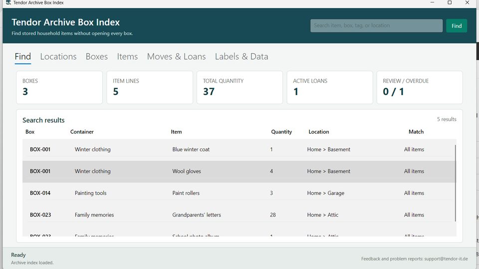 Tendor Archive Box Index Screenshot