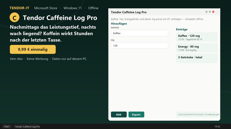 Tendor Caffeine Log Pro Screenshot