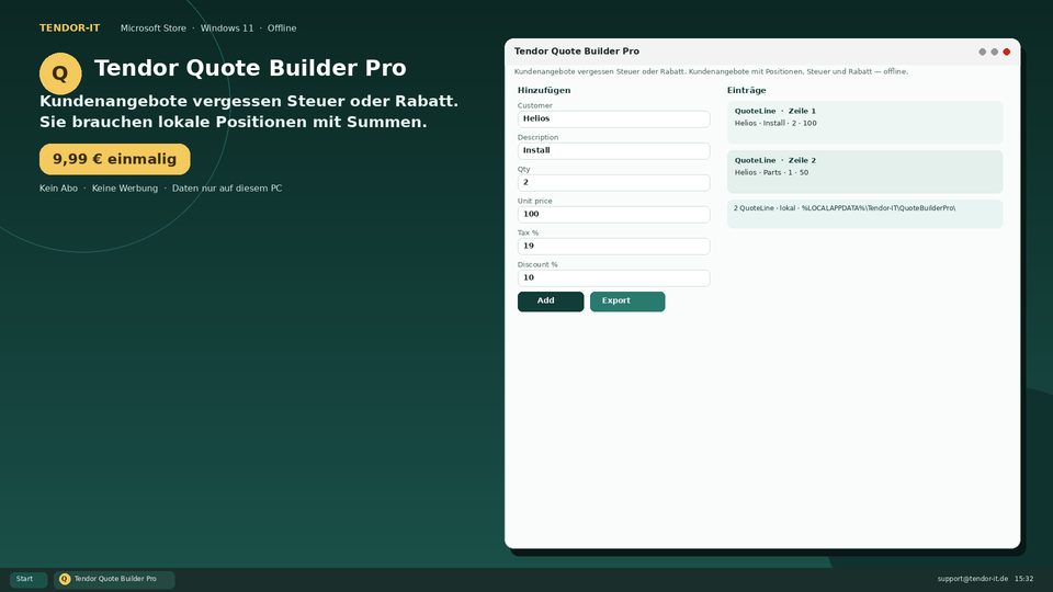 Tendor Quote Builder Pro Screenshot