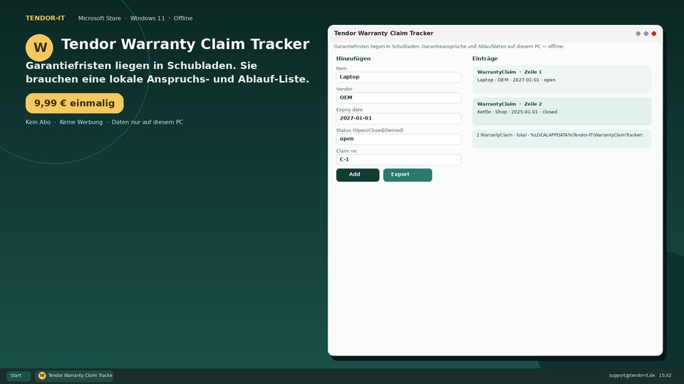 Tendor Warranty Claim Tracker Screenshot